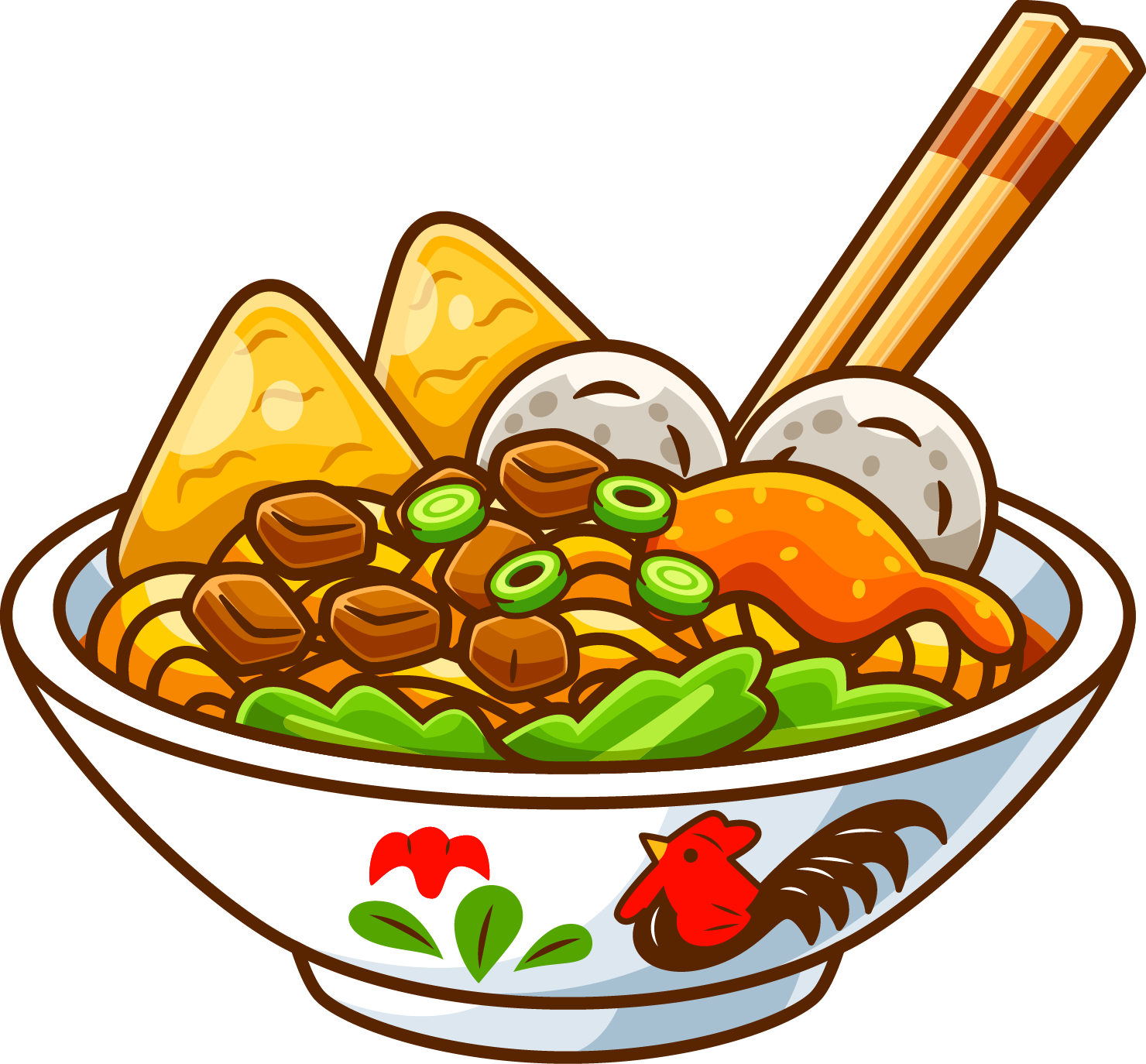Semangkuk mie ayam komplit dengan pangsit, bakso, dan ayam